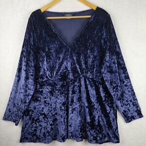 3X Boho Velvet Top Blue V Neck Long Sleeve Pullover Babydoll Goth Dark Romantic
